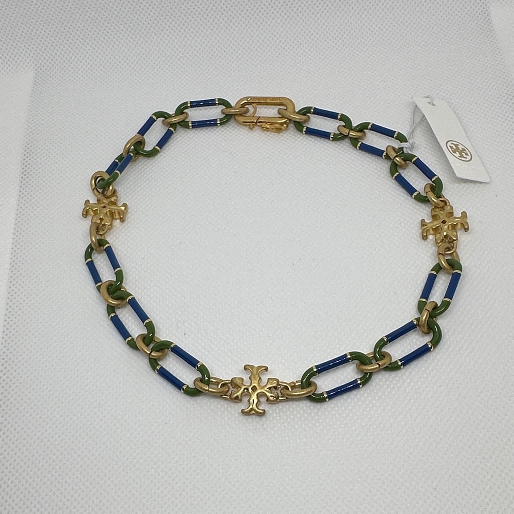 Tory Burch Gold and Blue Necklace with Green Accents